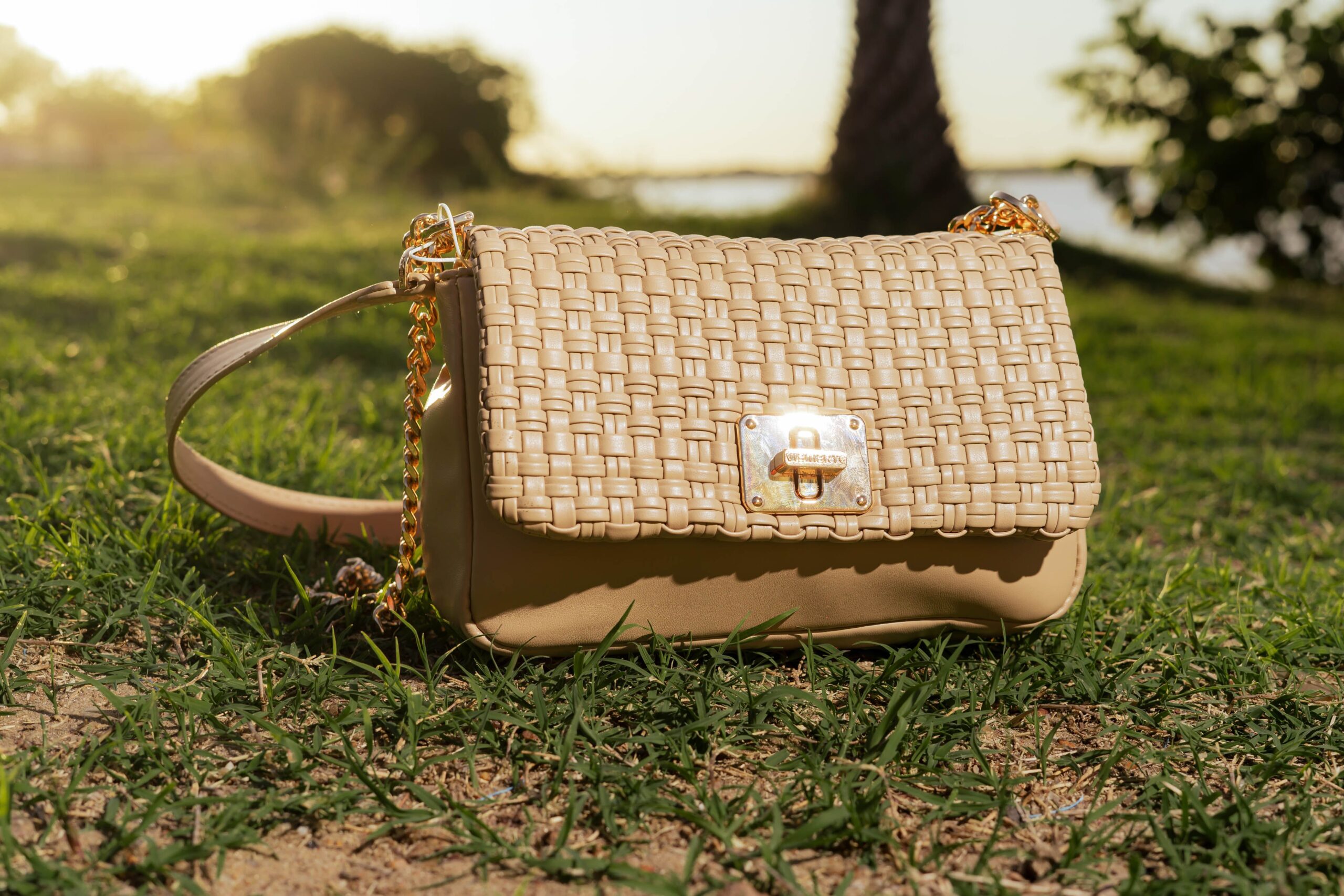 Elegant woven beige crossbody bag with gold-tone hardware displayed outdoors on grass in warm sunset light.