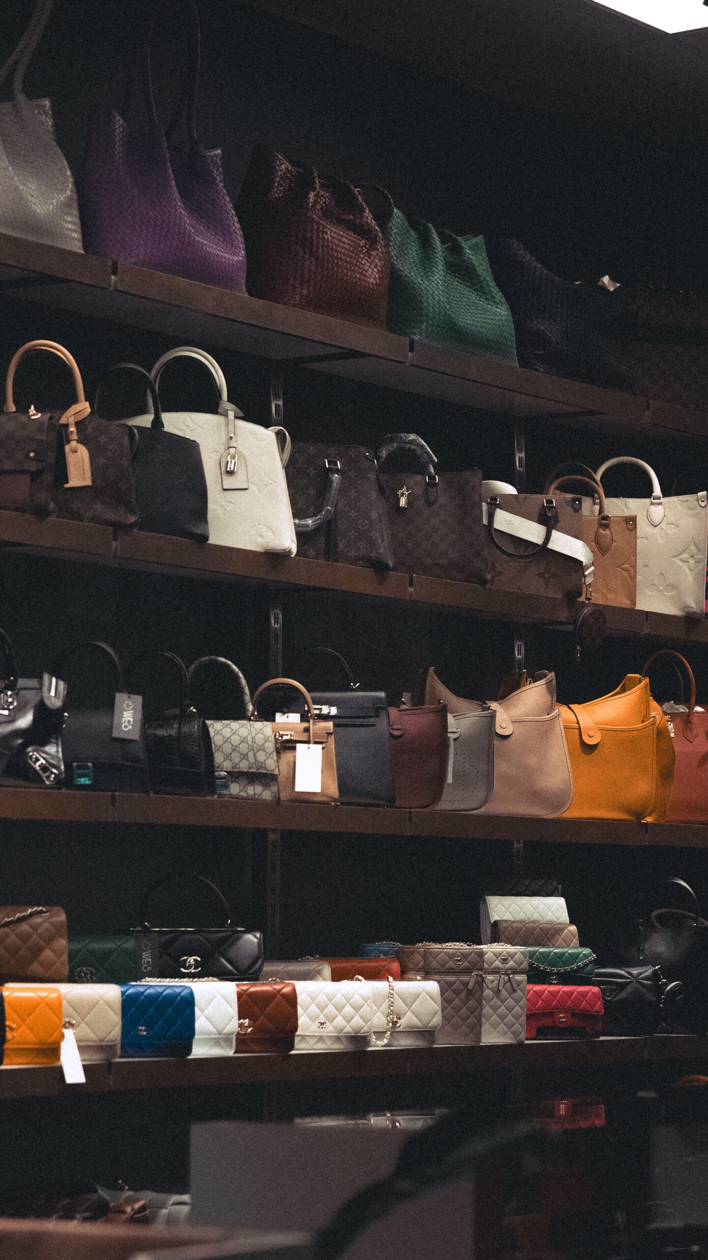 Collection of designer handbags and wallets in various colors and styles displayed on dark retail shelves in a luxury store.